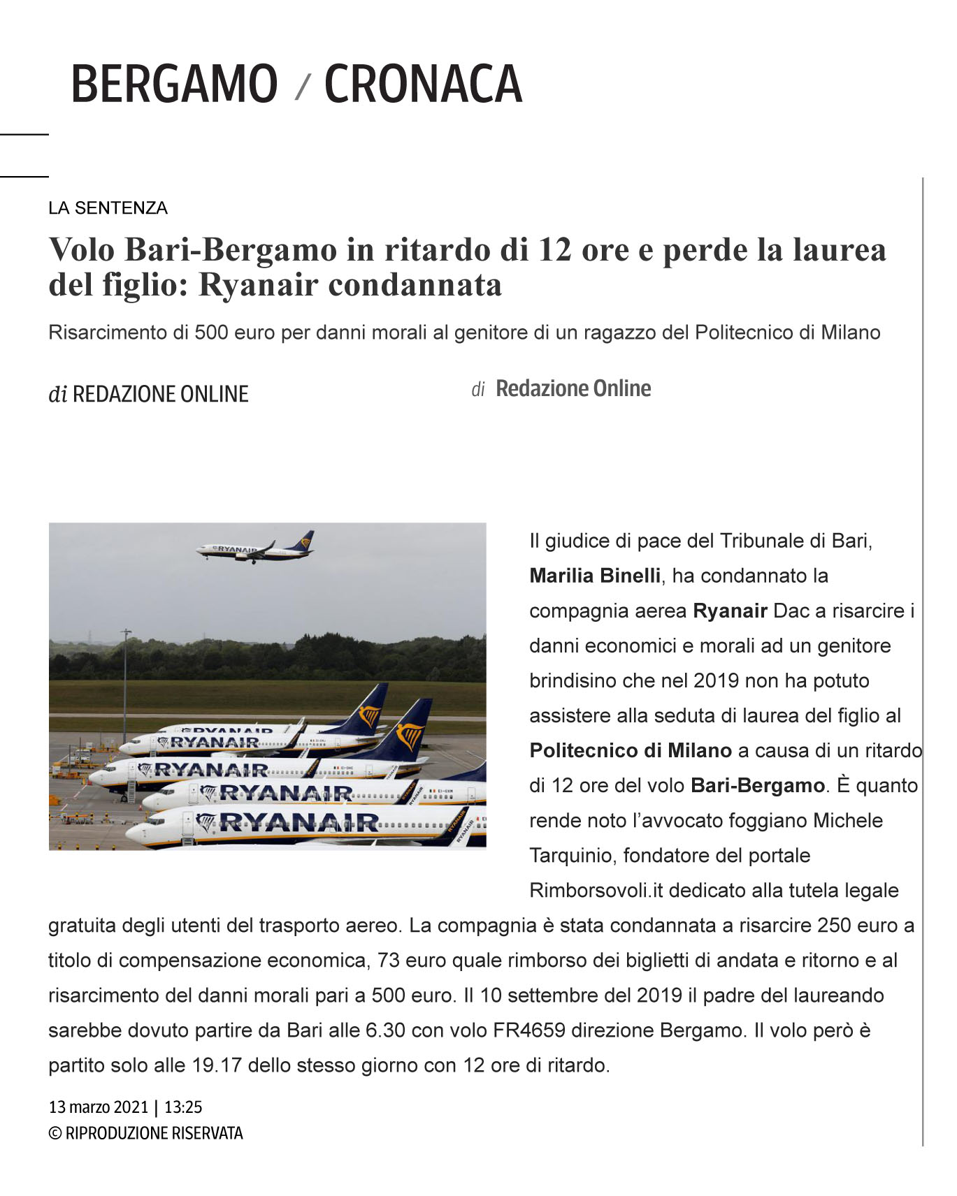 Volo Bari-Bergamo in ritardo di 12 ore e perde la laurea del figlio: Ryanair condannata