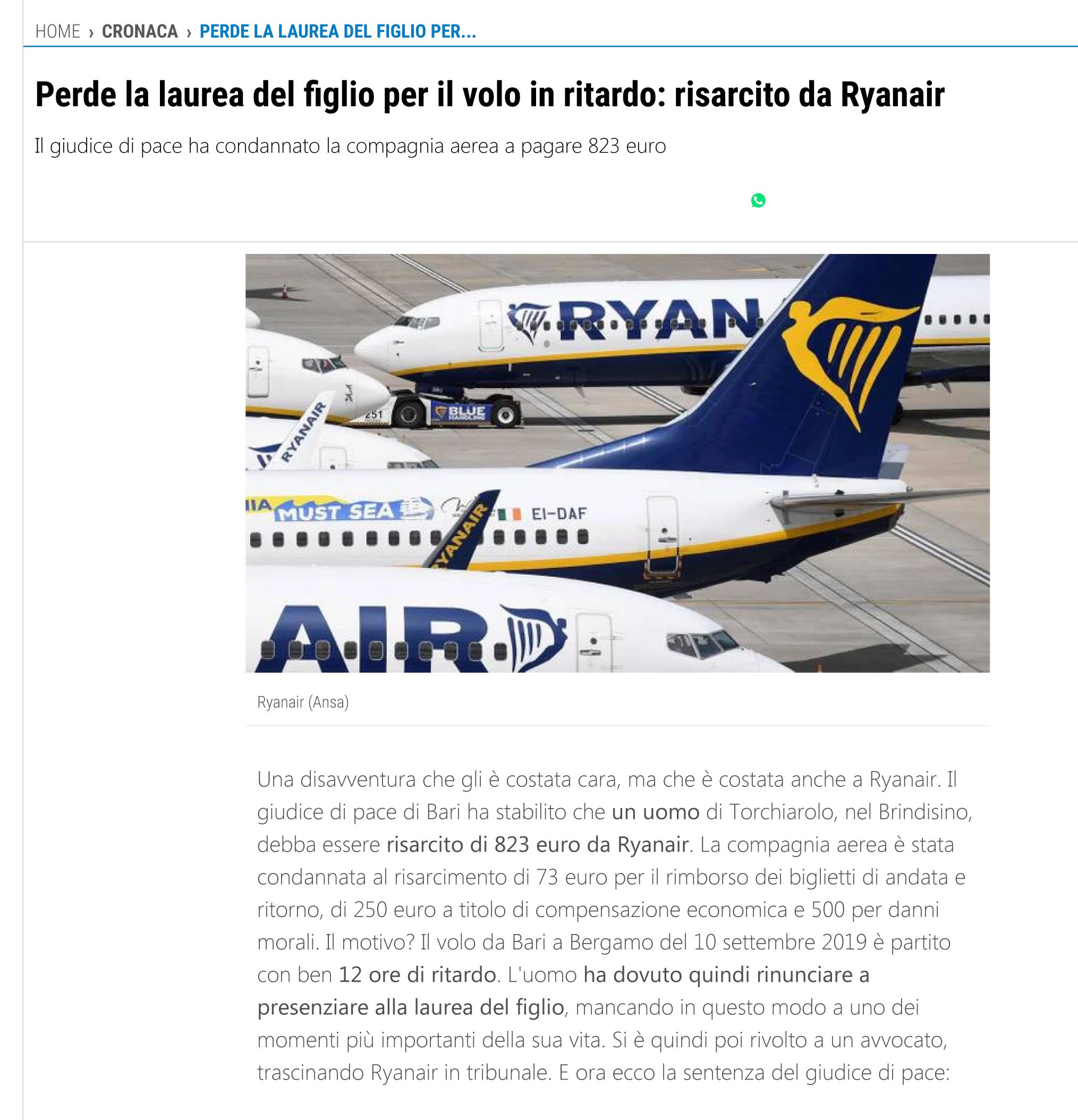 Perde la laurea del figlio per il volo in ritardo: risarcito da Ryanair
