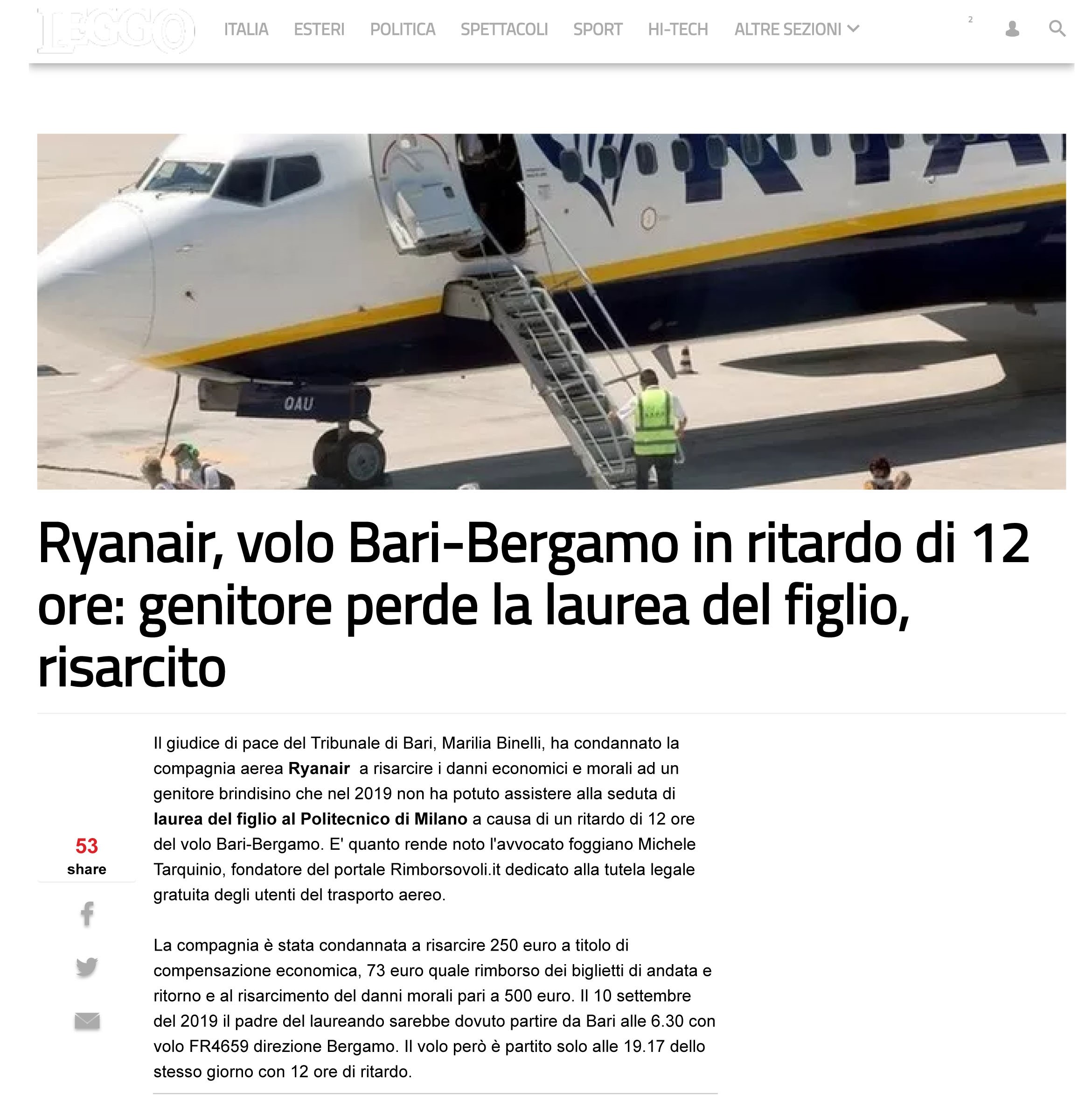 Ryanair, volo Bari-Bergamo in ritardo di 12 ore: genitore perde la laurea del figlio, risarcito