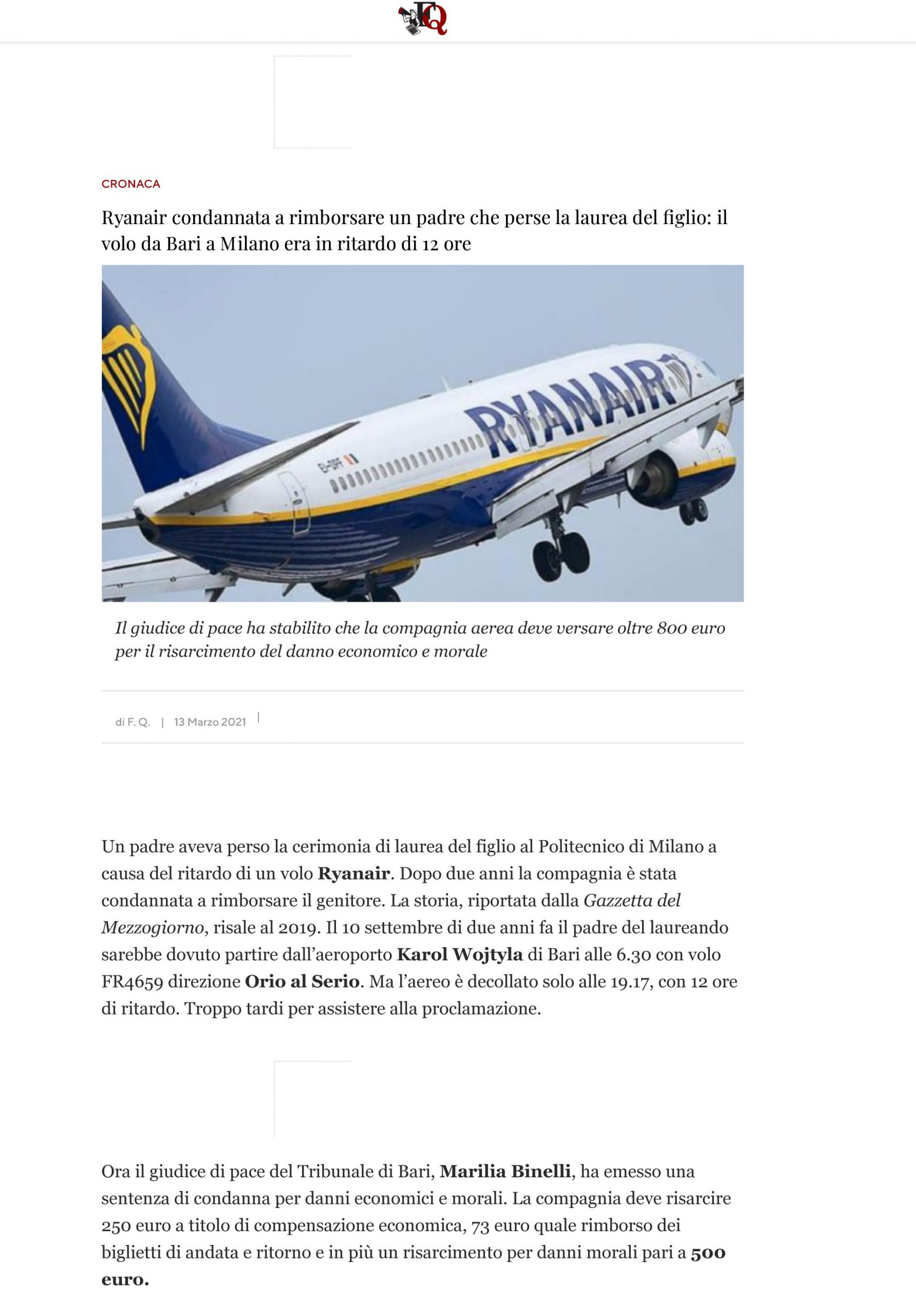 Ryanair condannata a rimborsare un padre che perse la laurea del figlio: il volo da Bari a Milano era in ritardo di 12 ore