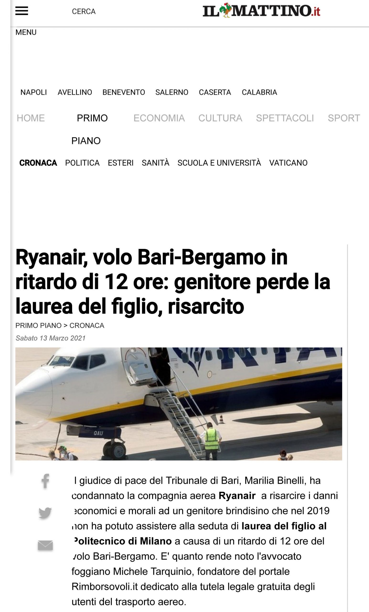 Ryanair, volo Bari-Bergamo in ritardo di 12 ore: genitore perde la laurea del figlio, risarcito